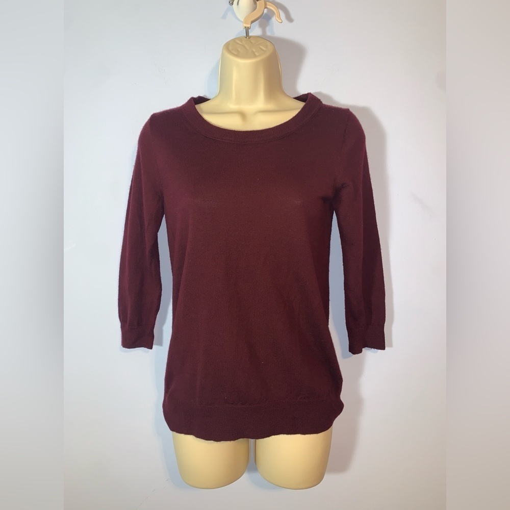 J crew Women's Burgundy merino wool scoop neck thin Sweater size XS 3/4 sleeve